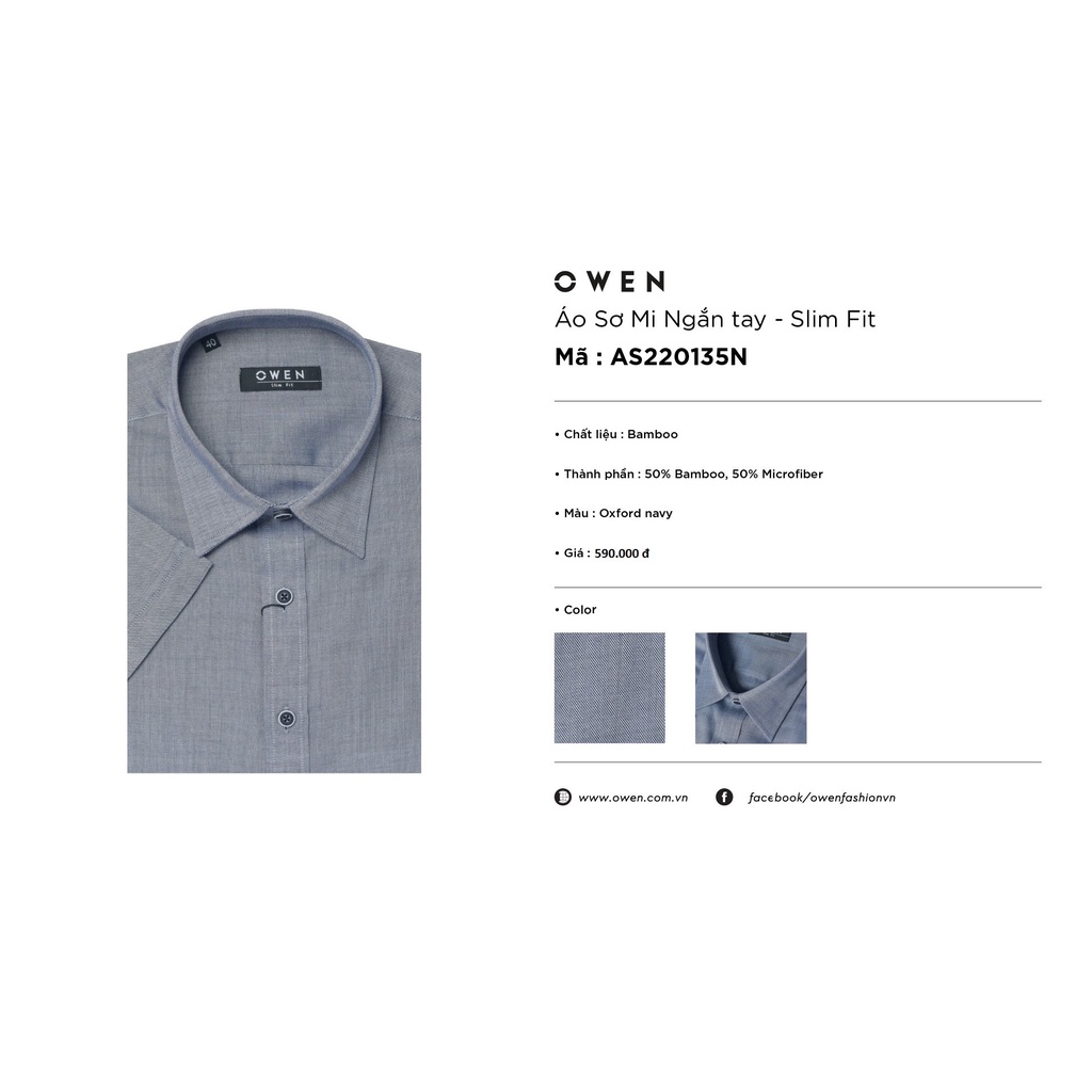 Áo Sơ Mi Nam Ngắn Tay OWEN AS220135N Somi Công Sở Cao Cấp Màu Oxford Navy Vải Sợi Tre Dáng Ôm Tà Lượn Không Túi
