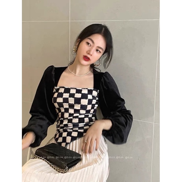 [HÀNG SẴN] Áo cổ vuông tay phồng vải nhung hoạ tiết caro bàn cờ vạt nhọn sang chảnh | BigBuy360 - bigbuy360.vn