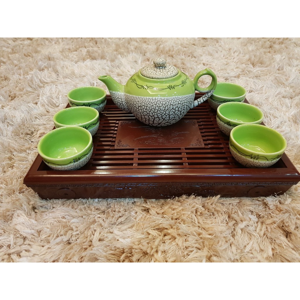 COMBO Bộ ấm chén @ men rạn + KHAY NHỰA