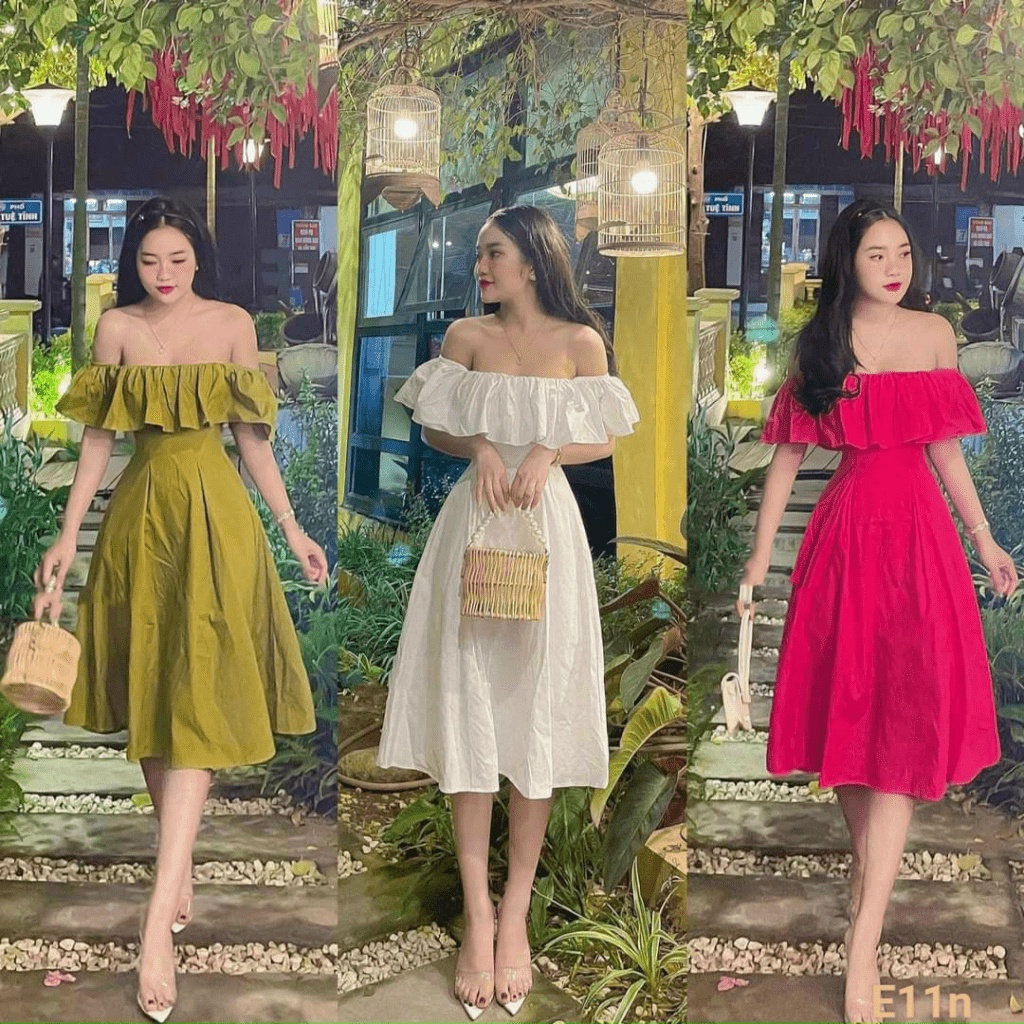 ĐẦM XÒE LỤA CÓ MÚT TRỄ VAI FORM DÁNG TIỂU THƯ CÔNG CHÚA