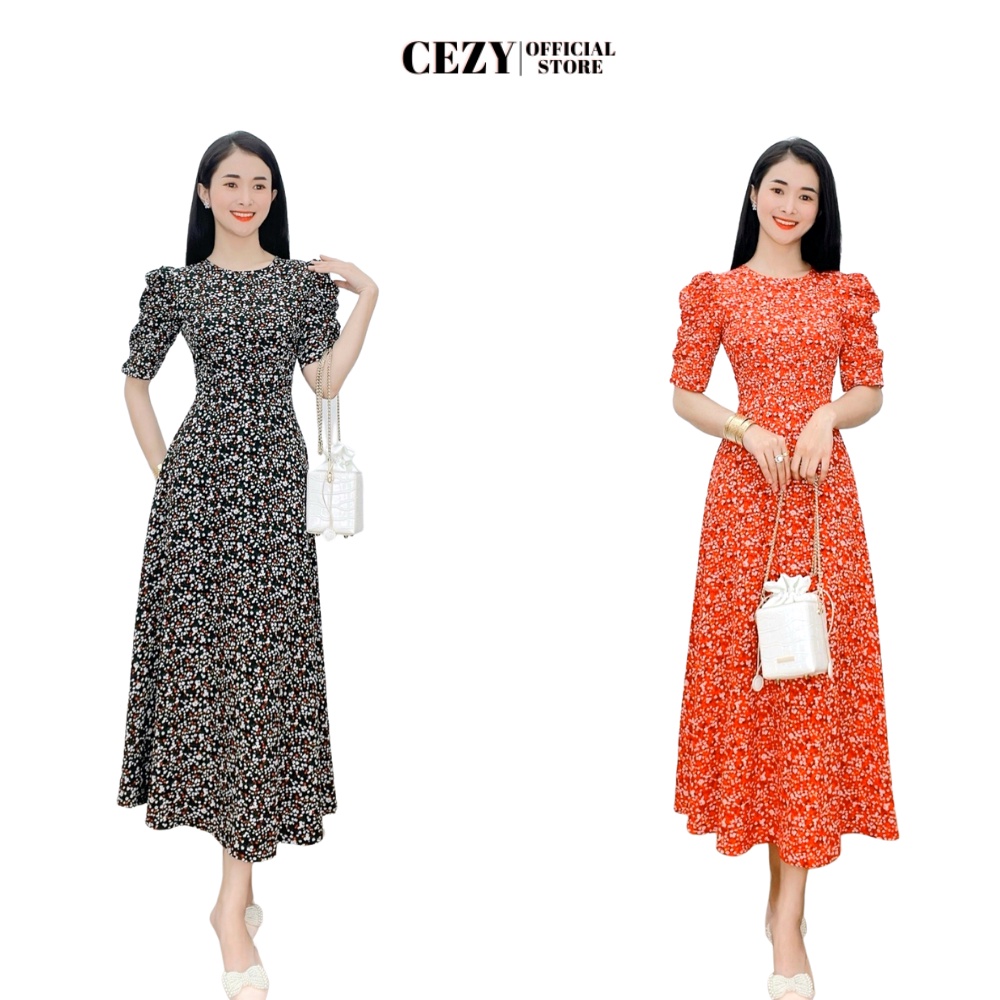 Đầm hoa nhí cổ tròn tay phồng dáng xòe dài có size bigsize CEZY D81 | BigBuy360 - bigbuy360.vn