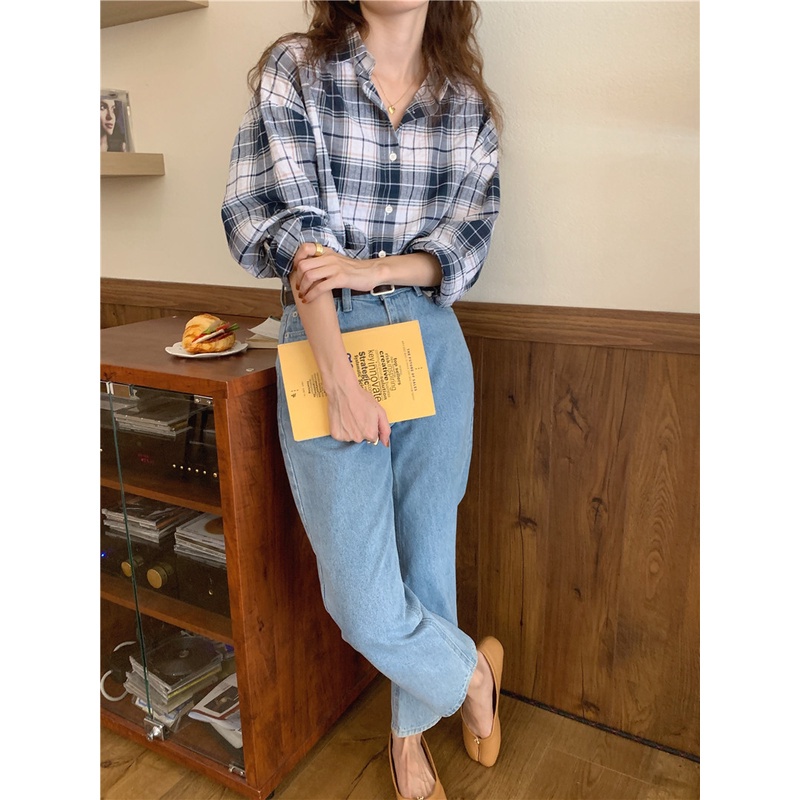 45986  Áo sơ mi cổ polo tay dài kẻ sọc ca rô cá tính