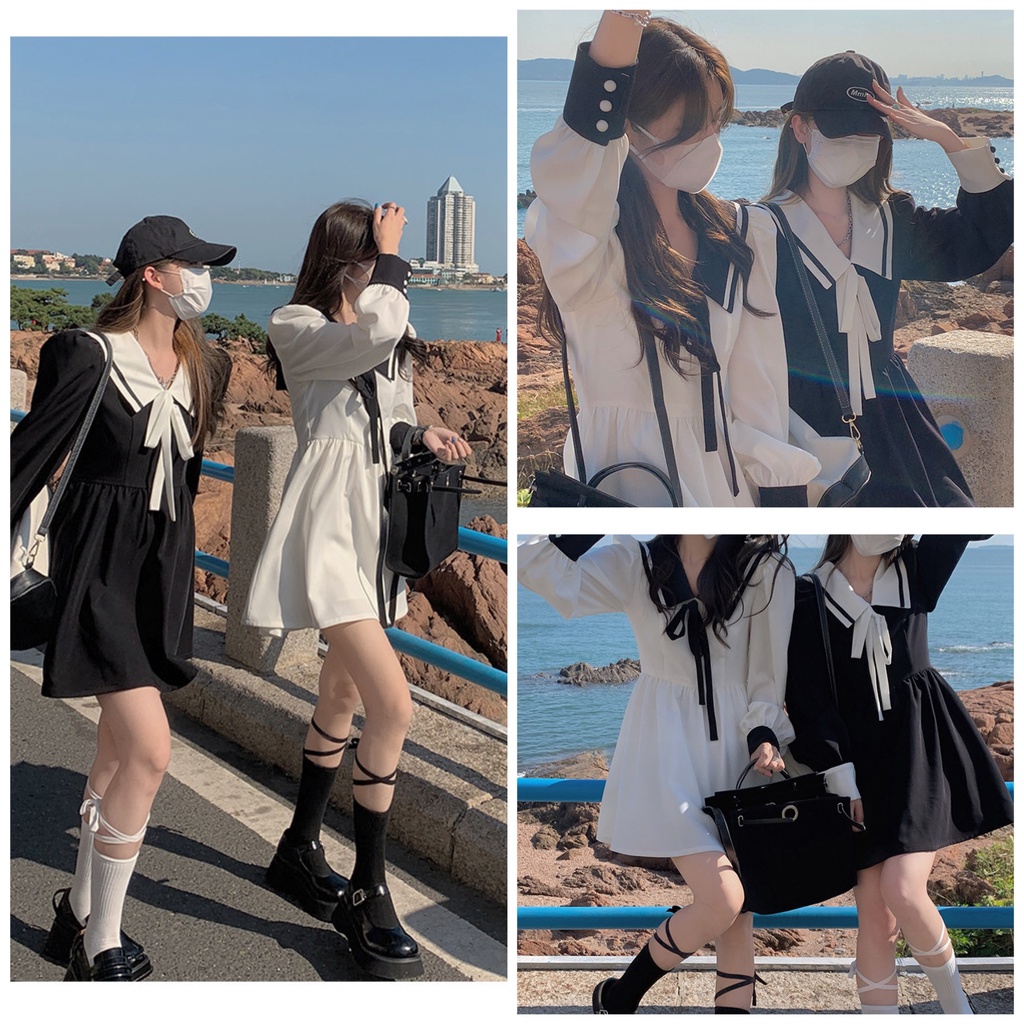 Đầm Babydoll thủy thủ dài tay Váy Trắng đen sơ mi ulzzang công chúa suông đẹp nữ Kozoda D35