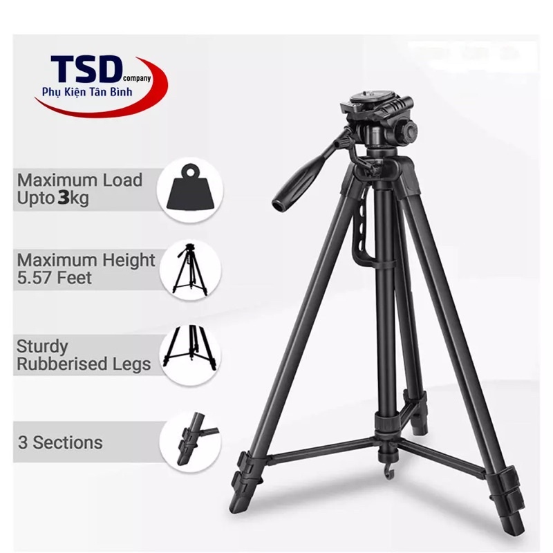 Gậy Tripod 3 Chân 3366 Cho Máy Ảnh, Điện Thoại Chiều Cao Tối Đa 1m50