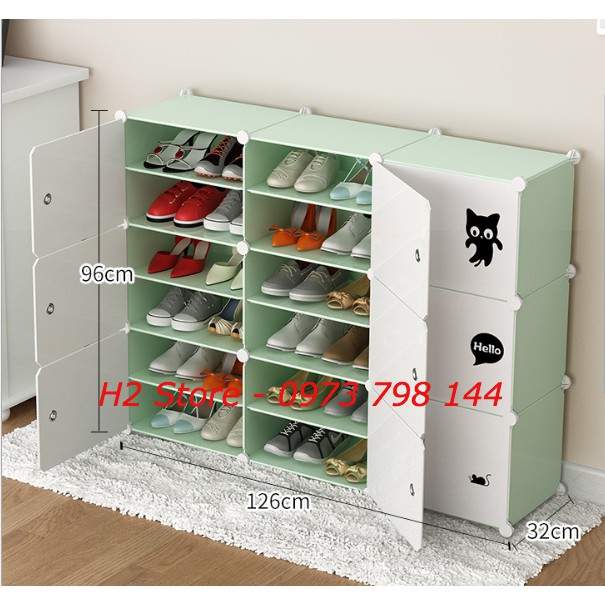 TỦ NHỰA LẮP GHÉP ĐỂ GIÀY 18 Ô (chia ô) VÁCH MÀU CỐM TRẮNG CỬA MÈO ĐEN