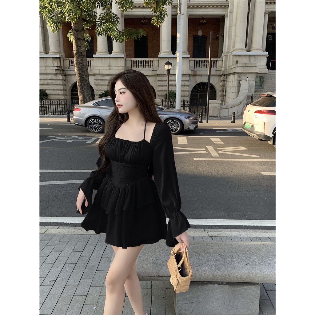 Đầm cổ yếm phối bèo màu trơn thời trang mùa thu phong cách Pháp quyến rũ cho nữ