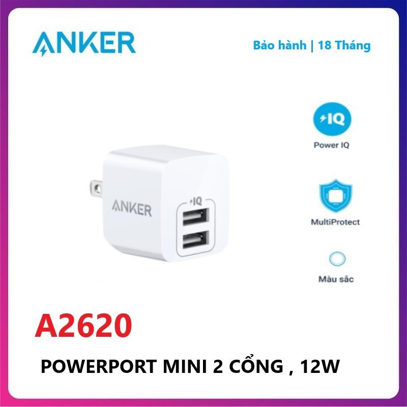 Cốc Sạc 2 Cổng Anker PowerPort Mini 12W - A2620 / Dây cáp sạc Lightning Chuẩn MFi Anker 0.9m