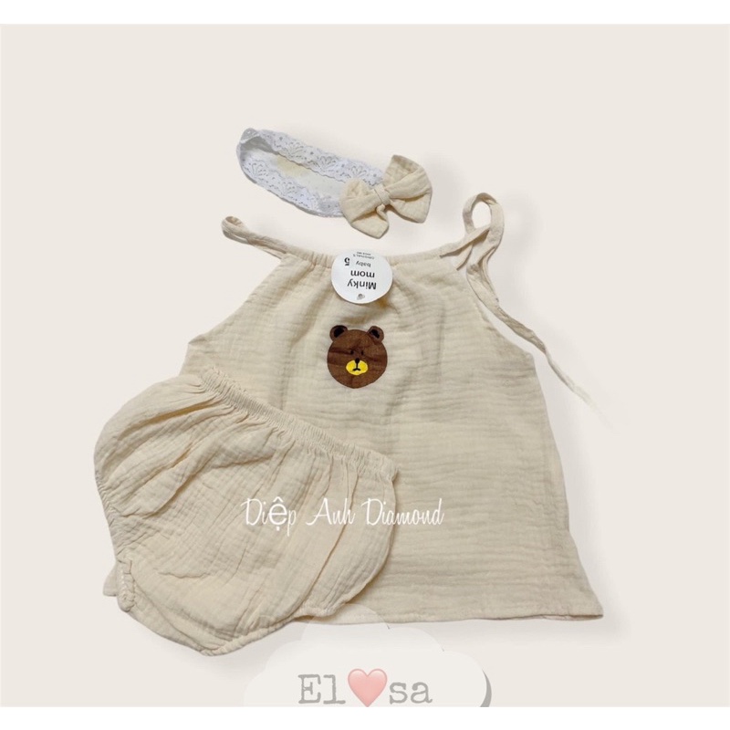Bộ quần áo vải xô muslin kèm băng đô cho bé gái thêu hình gấu ( bộ 2 dây)