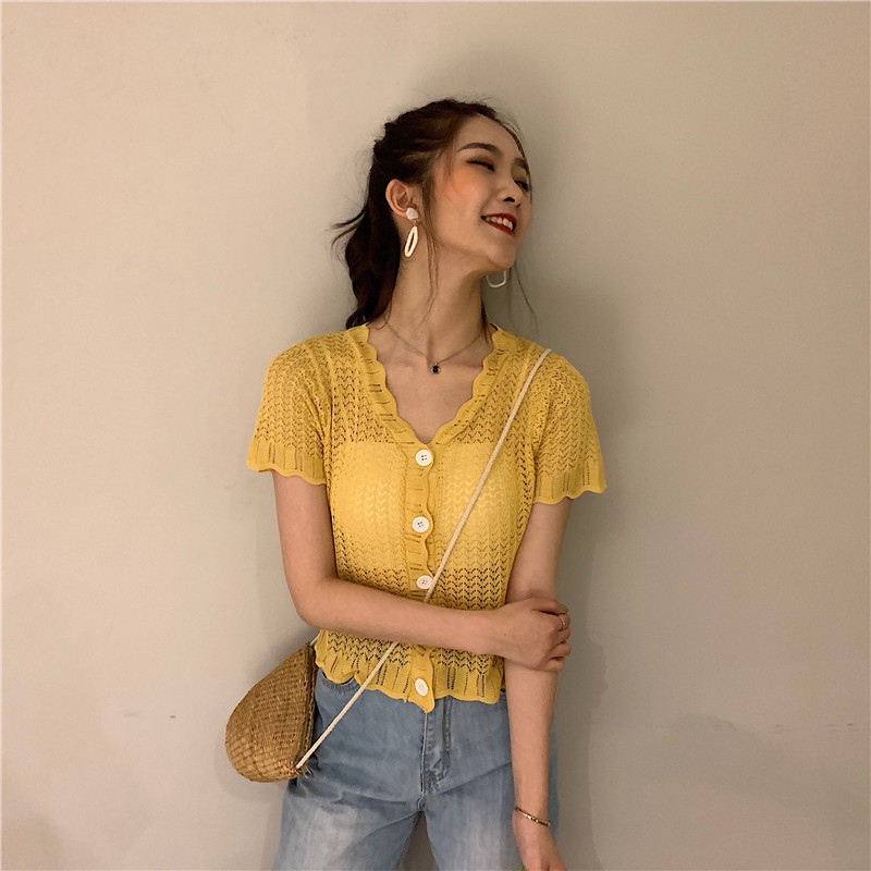 Áo len nữ ngắn tay sợi mỏng 3 màu thời trang | BigBuy360 - bigbuy360.vn