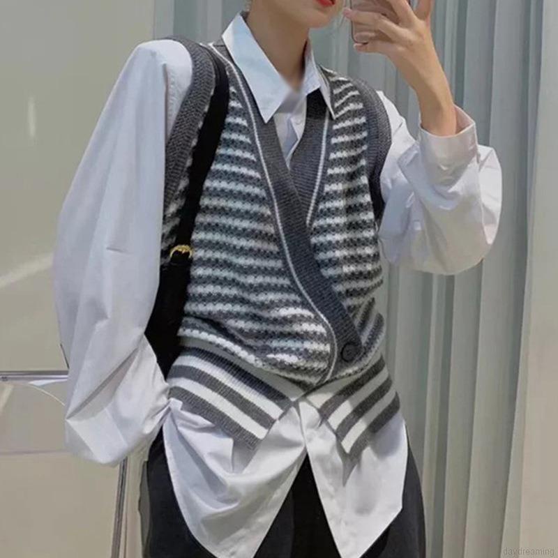 Áo khoác cardigan không tay cổ chữ v họa tiết kẻ sọc phong cách retro