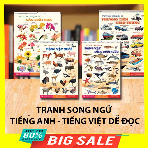 Bộ tranh treo tường học tập 12 chủ đề song ngữ cho bé kích thước 40x600cm