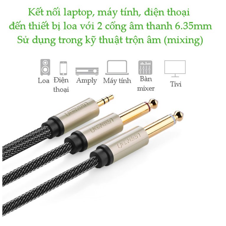 Cáp âm thanh 3.5mm ra 2 đầu 6.5mm mạ vàng 24k dài 0.5M UGREEN AV126 10612
