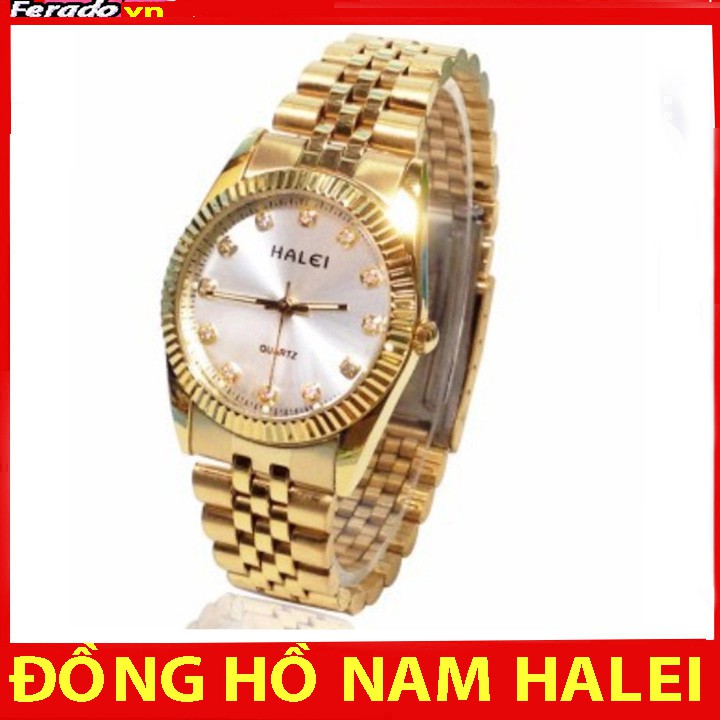 Đồng hồ Nam dây thép mạ vàng chống nước HALEI