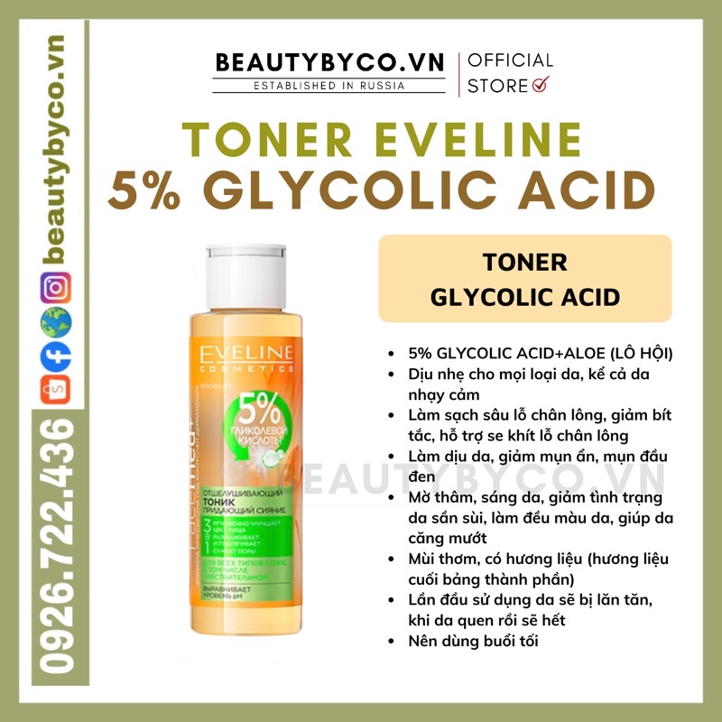 ( SẴN )Toner Eveline 5% Glycolic acid - Glycol Therapy làm căng bóng da, mờ thâm mụn