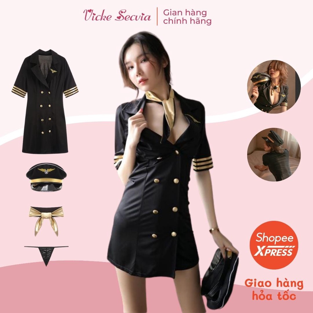 Bộ đồ ngủ cosplay tiếp viên hàng không VICKE SECVIA chất kaki thun cao cấp đầy đủ phụ kiện đi kèm, phong cách sexy 138