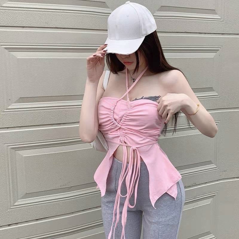 Áo ống thun kiểu nữ cổ yếm tà dài phối dây rút đuôi cá