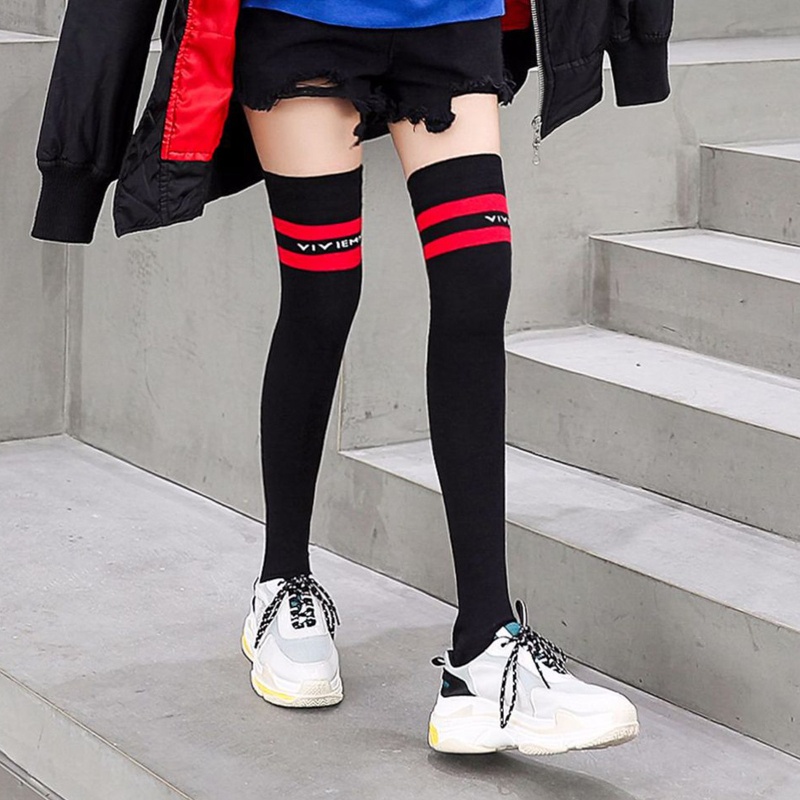 Vớ Dài Qua Gối Màu Trơn Họa Tiết Sọc Vui Nhộn Dễ Thương Phong Cách Lolita