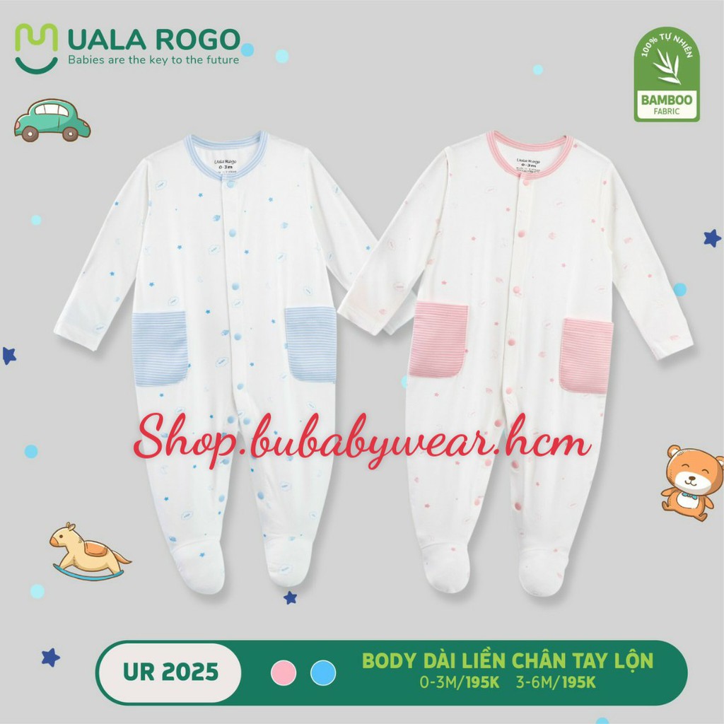 UR 2025. Body dài liền lộn bao tay chân vải bamboo sợi tre trắng in sao