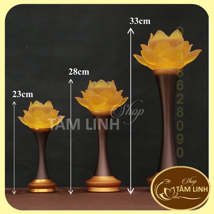Cặp đèn thờ Hoa Sen nở nhựa Lưu Ly thân hợp kim nâu chân vàng siêu đẹp