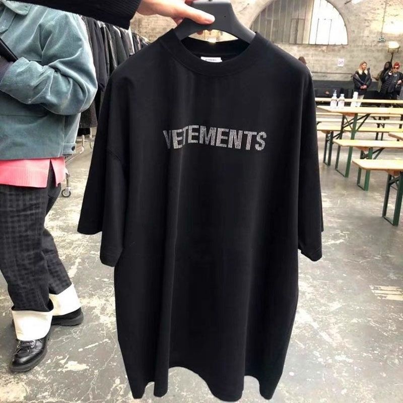Vetements hot Áo Thun Ngắn Tay Dáng Rộng In Chữ veter Meng vtm Đính Đá Kim Cương Giả Cho Cặp Đôi Nam Và Nữ ins