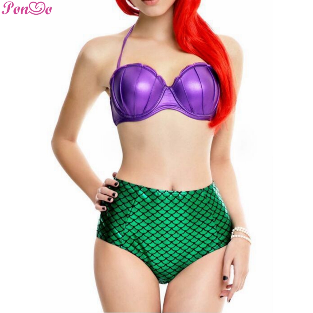 Bộ Bikini Hóa Trang Nàng Tiên Cá Màu Tím + Quần Cạp Cao Quyến Rũ Cho Nữ