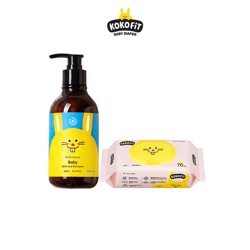 Bộ sản phẩm thơm mát Sữa tắm gội cao cấp Think Nature KOKOrabbit Baby 300ml và khăn ướt KOKOFiT màu hồng