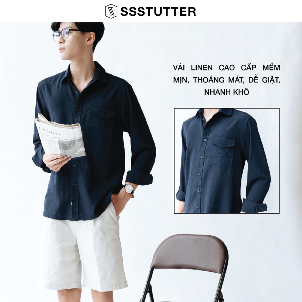 Áo sơ mi nam SSSTUTTER dài tay có túi cổ đức vải linen thoáng mát Letter Shirt | BigBuy360 - bigbuy360.vn