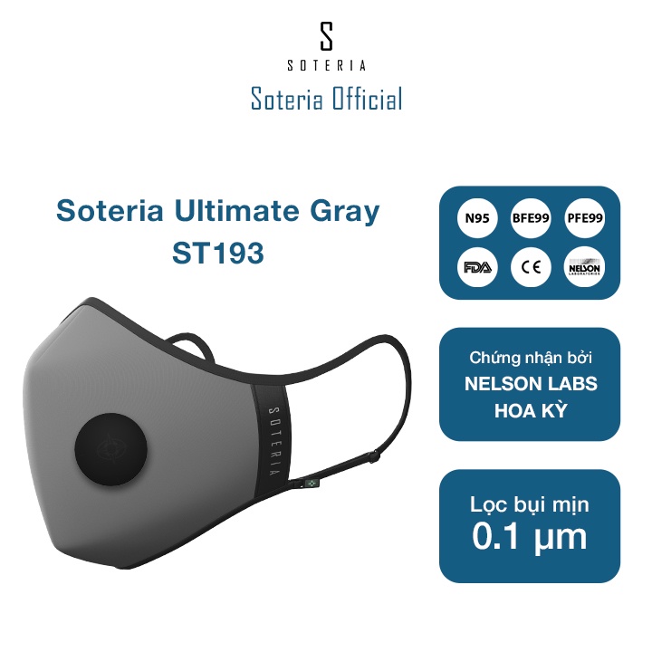 Khẩu trang tiêu chuẩn Quốc Tế SOTERIA Ultimate Gray ST193 - Bộ lọc N95 BFE PFE 99 lọc đến 99% bụi mịn 0.1 micro- Size S,