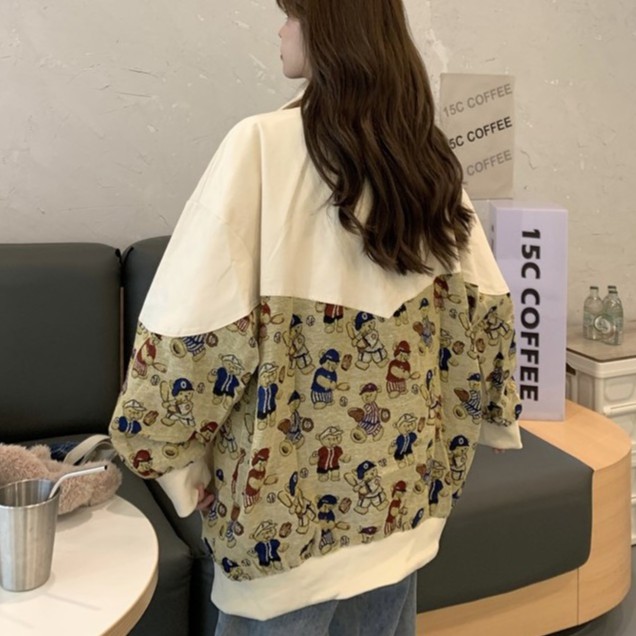 Áo khoác nữ bomber form rộng áo bomber nữ bigsize họa tiết gấu phong cách đi chơi đi học thời trang học sinh sinh a