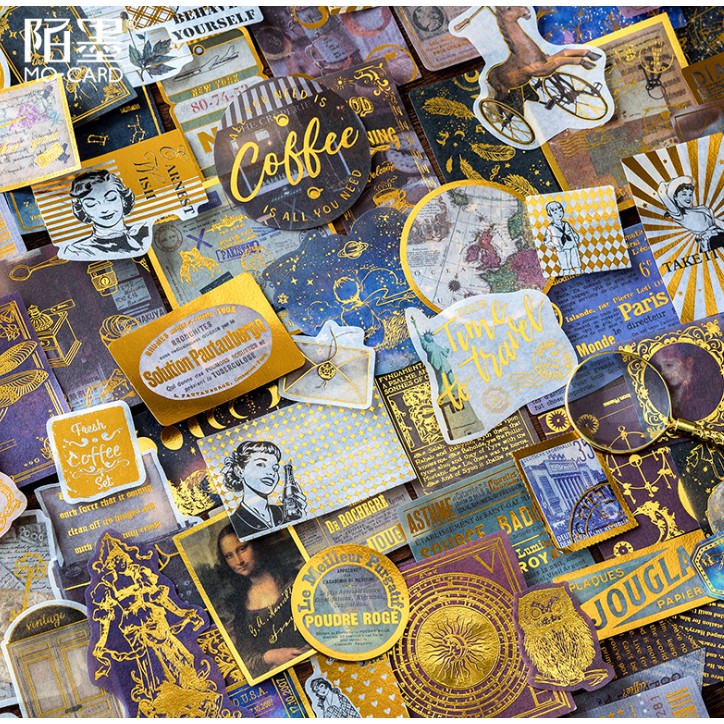Bộ 60 sticker seri chủ đề retro ánh nhũ siêu đẹp trang trí scrapbook, sổ tay planner,..