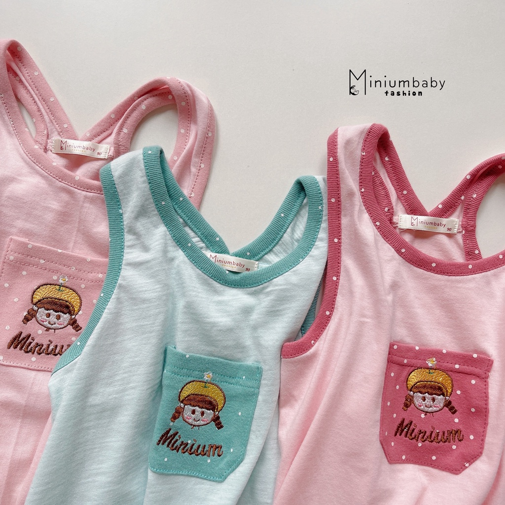Bộ quần áo thiết kế 2 cotton dây cho bé gái phối túi thêu xinh xắn, miniumbabyfashion SB1226, bộ không tay hè