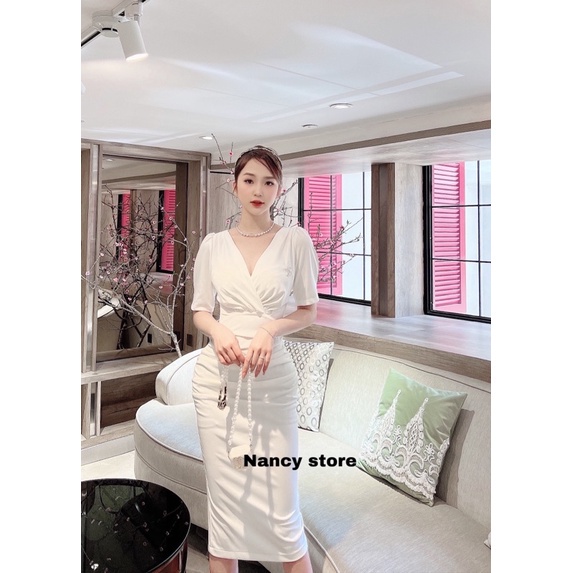 Váy trắng dự tiệc thiết kế cổ chéo tôn dáng chất liệu umi Hàn cao cấp | BigBuy360 - bigbuy360.vn