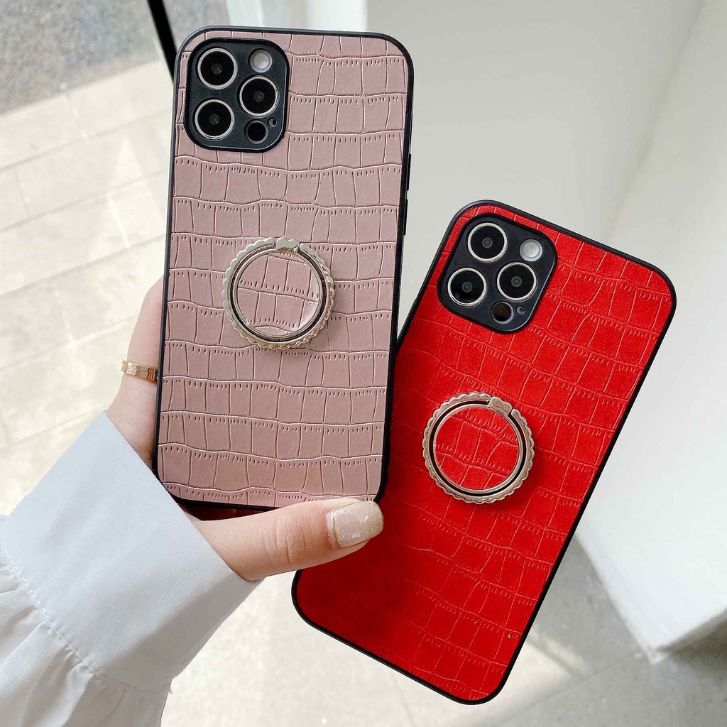 Ốp Điện Thoại Vân Da Cá Sấu Màu Xanh Lá / Đen Gắn Nhẫn Đỡ Cho iPhone 13promax 12 11 xsmax xr xs 7P