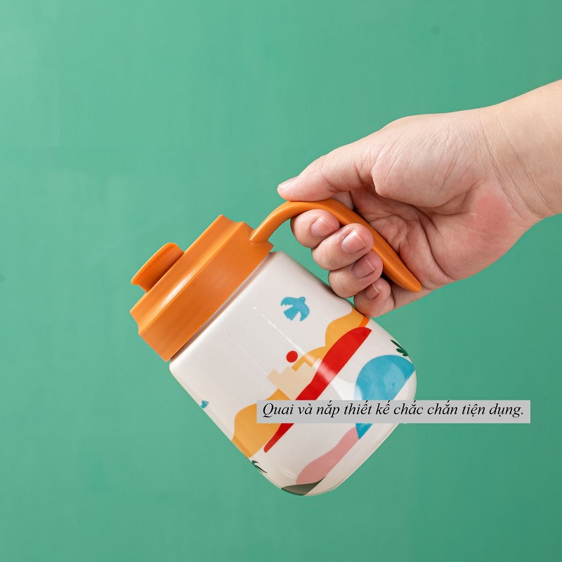 Cốc sứ VINTAGE - HÌNH THẬT, ly sứ giữ nhiệt IN HÌNH THEO YÊU CẦU CÓ NẮP và THÌA SỨ 400ml, HỘP QUÀ TẶNG