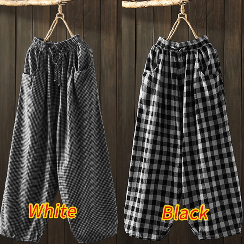 # ZANZEA Women Casual Plaid Cotton Linen With Pocket Long Pants # | BigBuy360 - bigbuy360.vn
