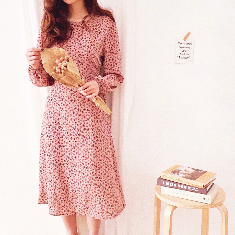 Đầm hoa nhí cổ tròn tay dài màu đen , Váy thiết kế thời trang nữ công sở dự tiệc dạ hội event sự kiện | BigBuy360 - bigbuy360.vn