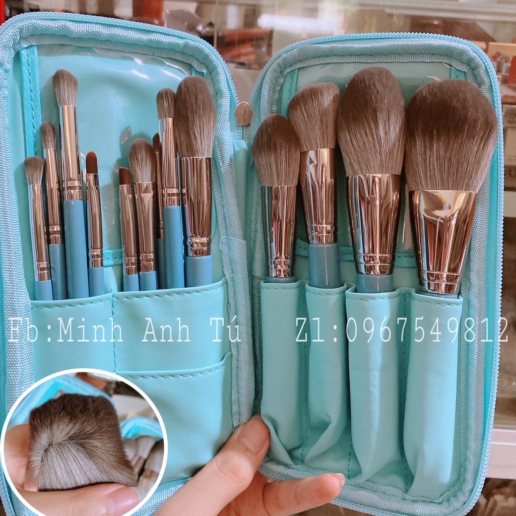 Bộ Cọ Trang Điểm Kèm Bao Da Sang Chảnh Chất Lông Thú 13 Cây [ Màu Xanh- Chính Hãng]
