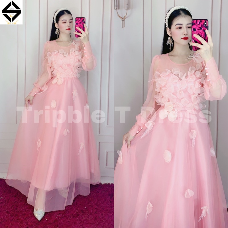 Đầm xoè tay dài phồng kết hoa nổi 3D TRIPBLE T DRESS  - size M/L - MS202V
