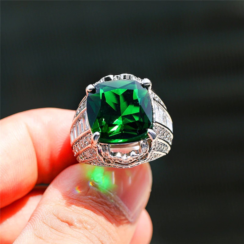 Nhẫn Thép Titan Bạc 925 Đính Đá Zircon Xanh Lá Thời Trang Cho Nam