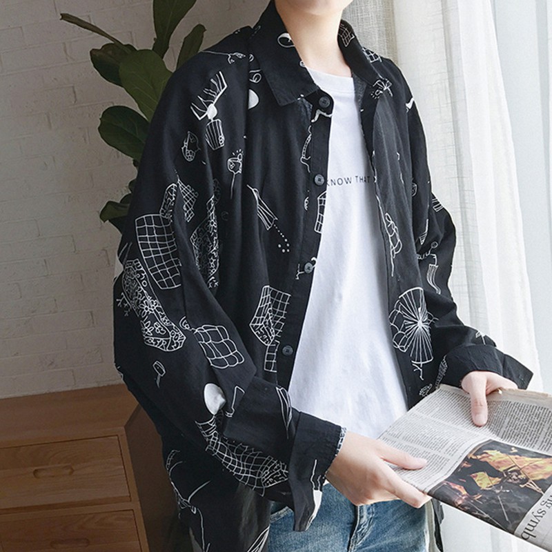 Men Graffiti Print Loose Single-breasted Long Sleeve Shirt