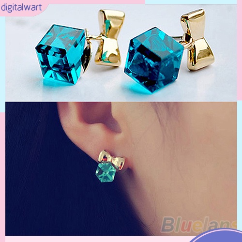 Cặp khuyên tai hình nơ đính đá quý nhân tạo khối vuông nhiều màu sắc trẻ trung cá tính dành cho nữ