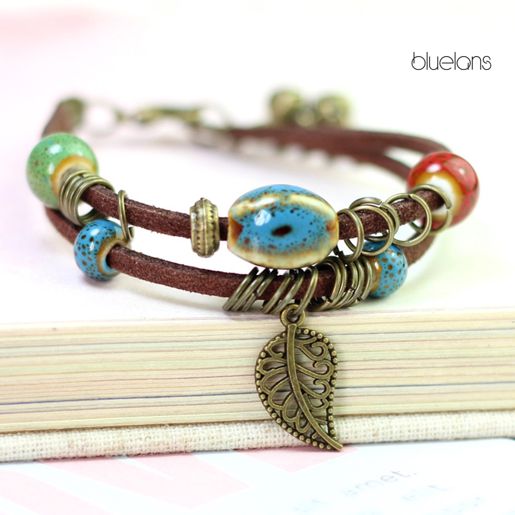 Vòng Tay Da Hai Lớp Đính Hạt Gốm Và Lá Phong Cách Bohemian