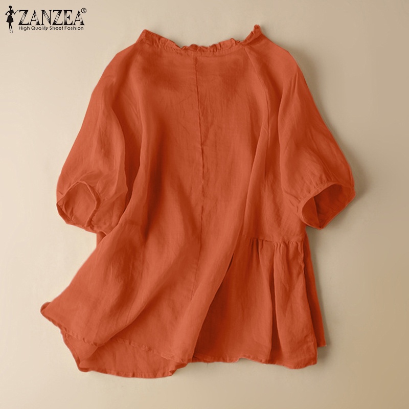 Áo kiểu  ZANZEA cổ tròn tay lửng màu trơn phong cách vintage cho nữ