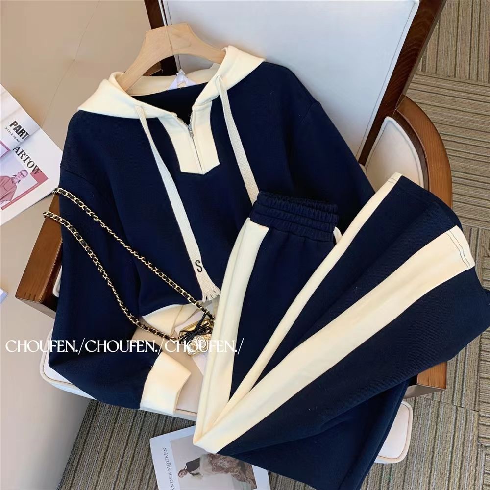 Fat MM oversized 300jin spring and autumn casual sports suit fashion collision color top + trousers two-piece set
