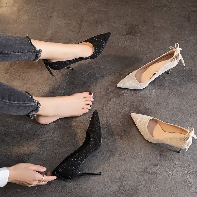 Giày Cao Gót Mũi Nhọn Màu Đen Thời Trang Xuân 2022 Sang Trọng Cho Nữ