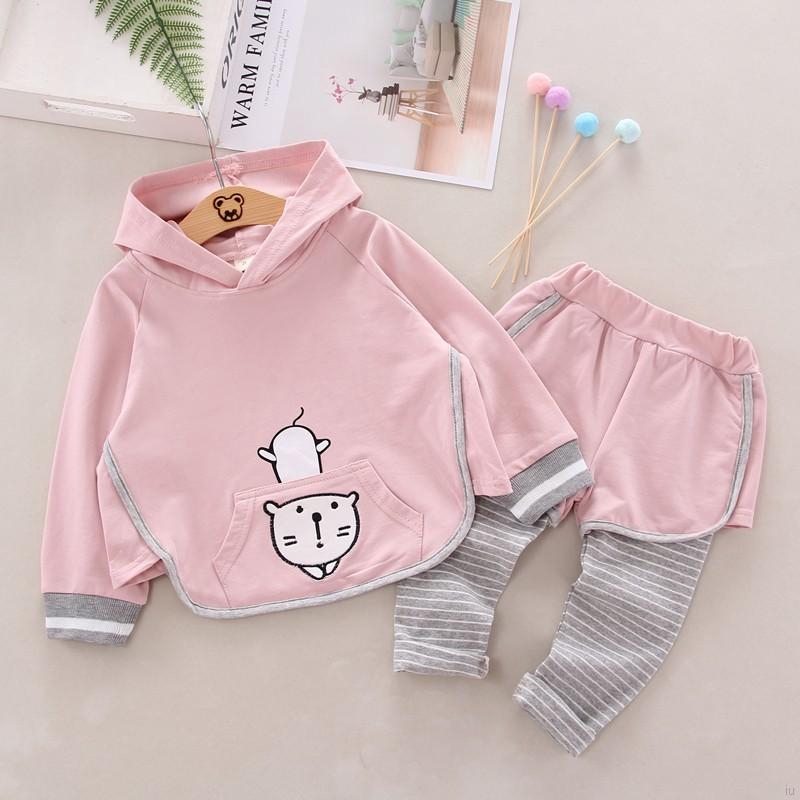 Bộ áo nỉ hoodie + quần dài kẻ sọc cho bé gái