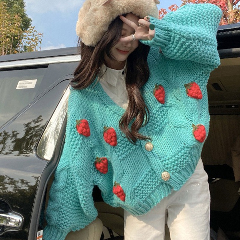 Brroa Áo Khoác Cardigan Dệt Kim Tay Dài Hở Trước Họa Tiết Dâu Tây Đơn Giản Thanh Lịch Thời Trang Mùa Thu Phong