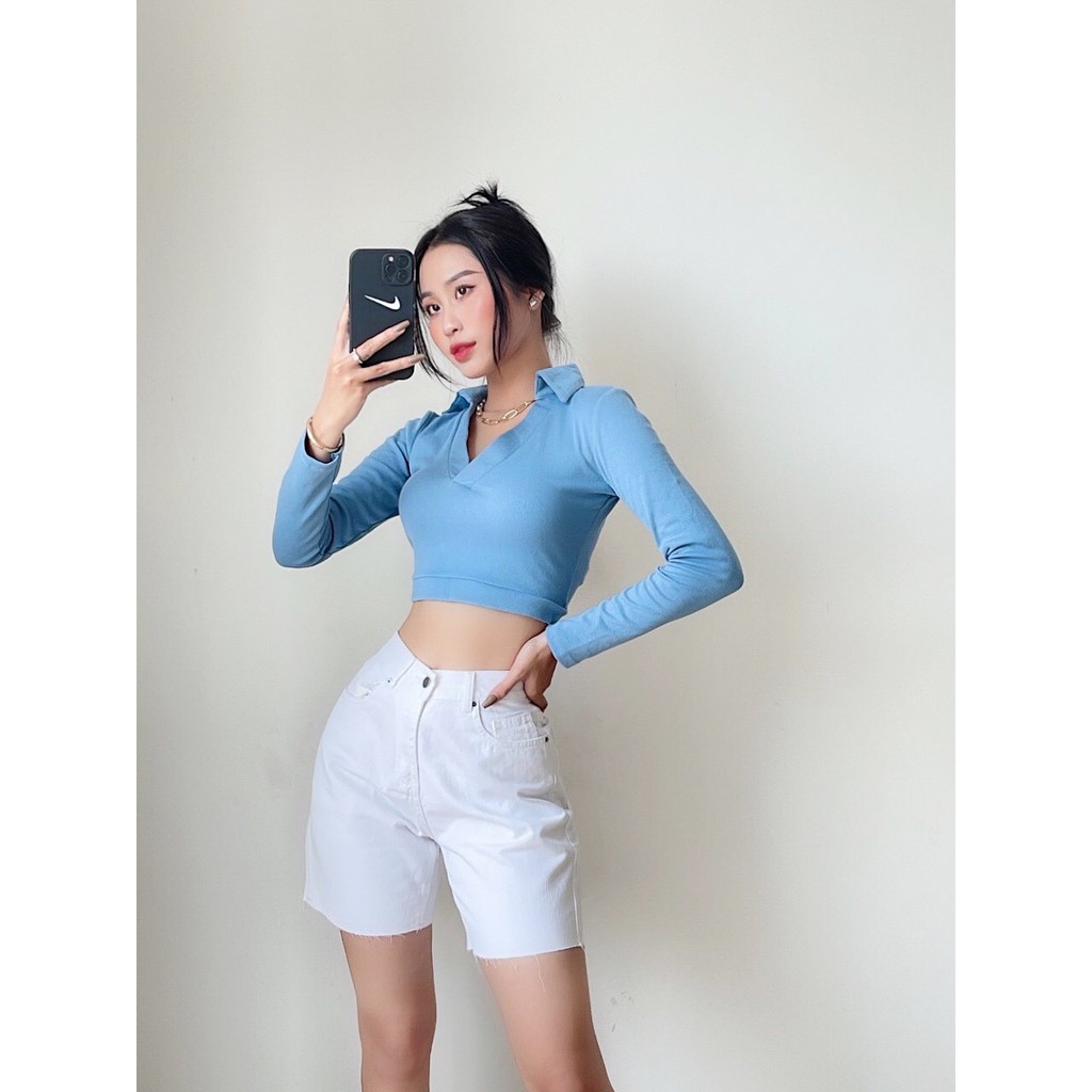 Áo croptop nữ thun tay dài cổ sơ mi thắt nơ lưng ôm body KRYSTAL NK60