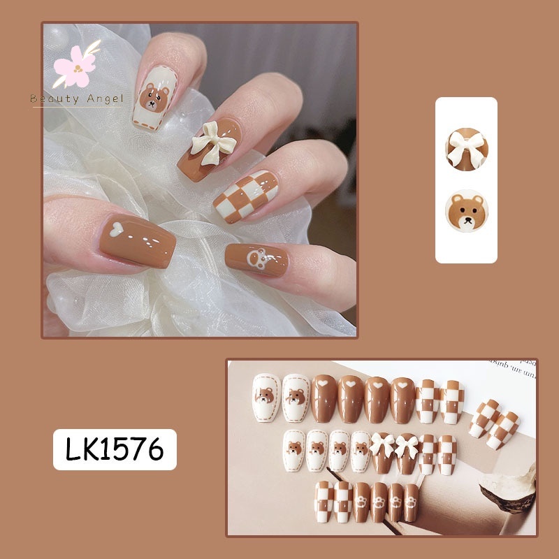 Móng Tay Giả Đính Nơ Hình Gấu Dễ Thương/Móng Tay Giả 3d / Móng Tay Giả Kèm Keo Móng Dài/ nơ kèm keo dán dễ thương xinh xắn
