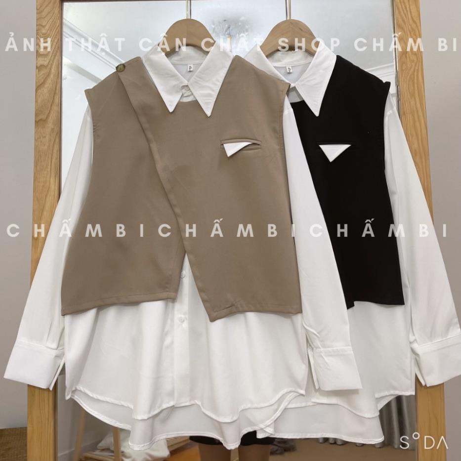 Set áo sơ mi kiểu nữ A.265, Set áo sơ mi trắng form rộng và áo gile cổ tròn cúc vai vạt chéo cách điệu